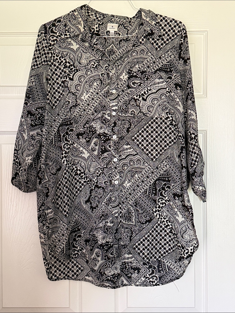 Dress Barn Black & White Paisley Patchwork Button Tunic